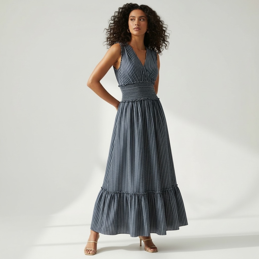 $118 Max Studio Dress Women’s Blue White Striped V Neck Sleeveless Tiered Maxi S